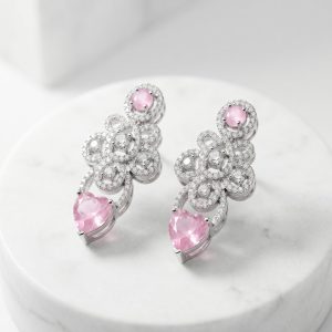 Ruby Red & Silver Rhodium Plated AD Studded Heart Drop Earrings