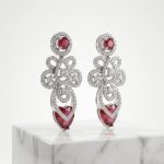 Ruby Red & Silver Rhodium Plated AD Studded Heart Drop Earrings
