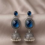 Blue Stone Oxidised Jhumka Earrings