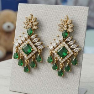 Gold Tone Green Crystal Statement Drop Earrings