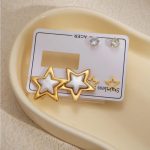 Gold Tone Stainless Steel White Star Statement and Crystal Stud Earrings Set