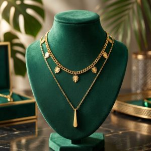 Gold Tone Double Layer Leaf Charm Pendant Necklace