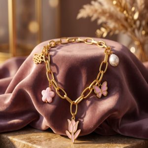 Gold Tone Pink Floral Butterfly Charm Statement Necklace
