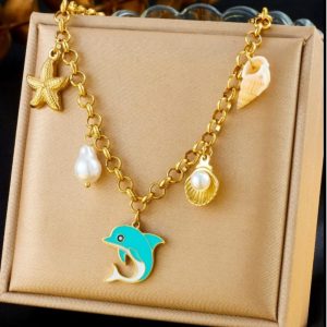 Gold Tone Dolphin & Seashell Charm Statement Necklace